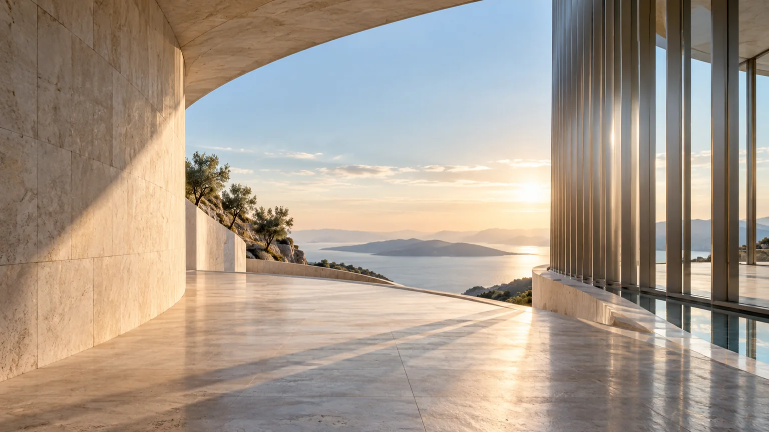 Conceptual architecture opening toward a sunlit horizon