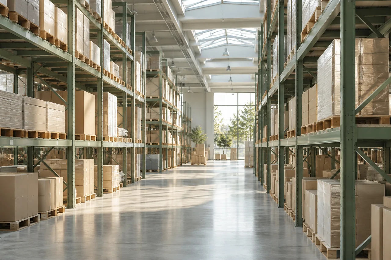 Editorial concept of an orderly inventory facility in muted sage tones