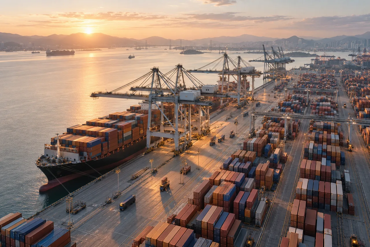 Editorial concept of a container port in soft morning light